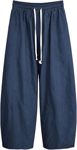 SMIDOW Barrel Pants Women Wide Leg Cotton Linen Palazzo Pants Elastic Waist Drawstring Beach Vacation Cropped Summer Trousers in Saudi Arabia