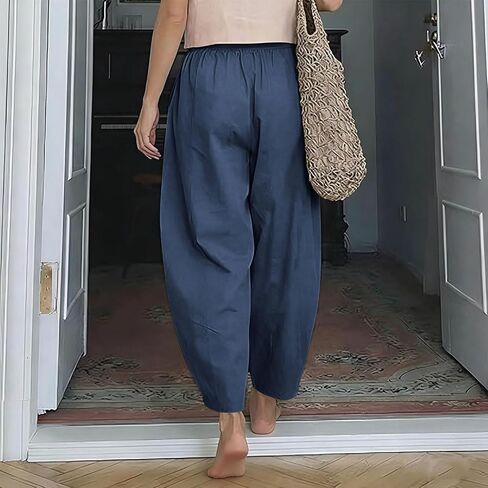 SMIDOW Barrel Pants Women Wide Leg Cotton Linen Palazzo Pants Elastic Waist Drawstring Beach Vacation Cropped Summer Trousers in Saudi Arabia