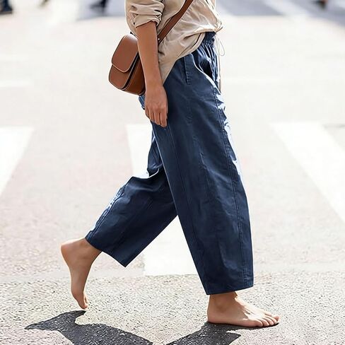 SMIDOW Barrel Pants Women Wide Leg Cotton Linen Palazzo Pants Elastic Waist Drawstring Beach Vacation Cropped Summer Trousers in Saudi Arabia