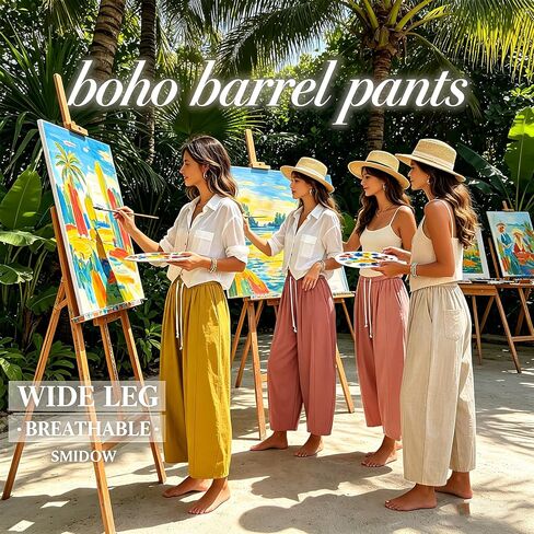 SMIDOW Barrel Pants Women Wide Leg Cotton Linen Palazzo Pants Elastic Waist Drawstring Beach Vacation Cropped Summer Trousers in Saudi Arabia