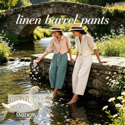 SMIDOW Barrel Pants Women Wide Leg Cotton Linen Palazzo Pants Elastic Waist Drawstring Beach Vacation Cropped Summer Trousers in Saudi Arabia