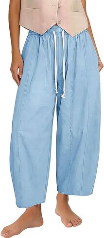 SMIDOW Barrel Pants Women Wide Leg Cotton Linen Palazzo Pants Elastic Waist Drawstring Beach Vacation Cropped Summer Trousers in Saudi Arabia