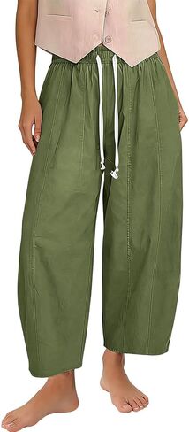 SMIDOW Barrel Pants Women Wide Leg Cotton Linen Palazzo Pants Elastic Waist Drawstring Beach Vacation Cropped Summer Trousers in Saudi Arabia