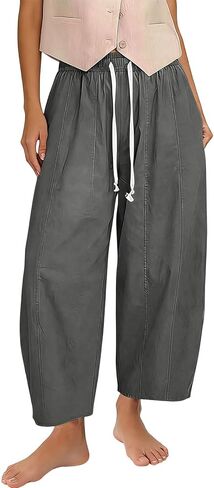 SMIDOW Barrel Pants Women Wide Leg Cotton Linen Palazzo Pants Elastic Waist Drawstring Beach Vacation Cropped Summer Trousers in Saudi Arabia