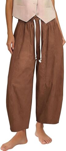 SMIDOW Barrel Pants Women Wide Leg Cotton Linen Palazzo Pants Elastic Waist Drawstring Beach Vacation Cropped Summer Trousers in Saudi Arabia
