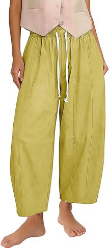 SMIDOW Barrel Pants Women Wide Leg Cotton Linen Palazzo Pants Elastic Waist Drawstring Beach Vacation Cropped Summer Trousers in Saudi Arabia