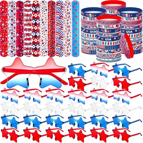 VioraWhite 90 Pcs 4th of July Favors Set Star Sunglasses Patriotic Silicone Bracelet Wristbands American Flag Slap Bracelets for Independence Day Party Favors in Kuwait
