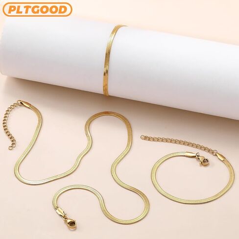 Necklaces For Women 18K Gold Plated Choker Necklace Herringbone Necklace For Women Snake Chain Necklace And Bracelet Set Jewelry for Gifts in Saudi Arabia
