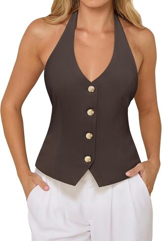 PINKMSTYLE Women's Halter V Neck Suit Vest Top Summer Trendy Sleeveless Button Down Blazer Vest Business Casual Waistcoat in Saudi Arabia