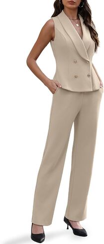 Agenlulu Women's 2 Piece Sets Business Casual Outfits Sleeveless V-Neck Double Breasted Blazer Vest Pants Suits for Work in Kuwait