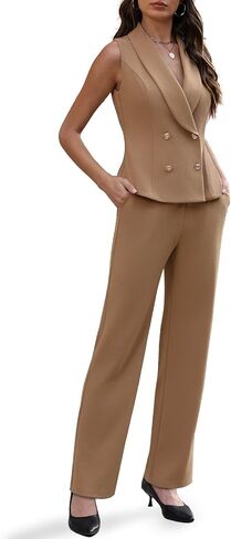 Agenlulu Women's 2 Piece Sets Business Casual Outfits Sleeveless V-Neck Double Breasted Blazer Vest Pants Suits for Work in Saudi Arabia