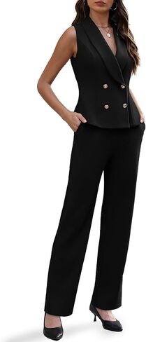 Agenlulu Women's 2 Piece Sets Business Casual Outfits Sleeveless V-Neck Double Breasted Blazer Vest Pants Suits for Work in Saudi Arabia