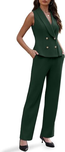 Agenlulu Women's 2 Piece Sets Business Casual Outfits Sleeveless V-Neck Double Breasted Blazer Vest Pants Suits for Work in Saudi Arabia