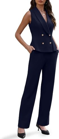 Agenlulu Women's 2 Piece Sets Business Casual Outfits Sleeveless V-Neck Double Breasted Blazer Vest Pants Suits for Work in Saudi Arabia
