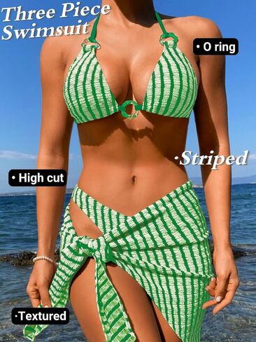 EHSUYAB Sexy Women Striped 3 Piece Swimsuit,Textured Halter High Cut Triangle Bikini Cover Up Skirt,Bathing Suit Beach Outfit in Kuwait