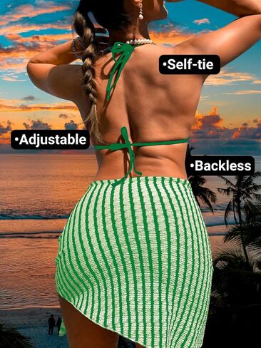 EHSUYAB Sexy Women Striped 3 Piece Swimsuit,Textured Halter High Cut Triangle Bikini Cover Up Skirt,Bathing Suit Beach Outfit in Kuwait