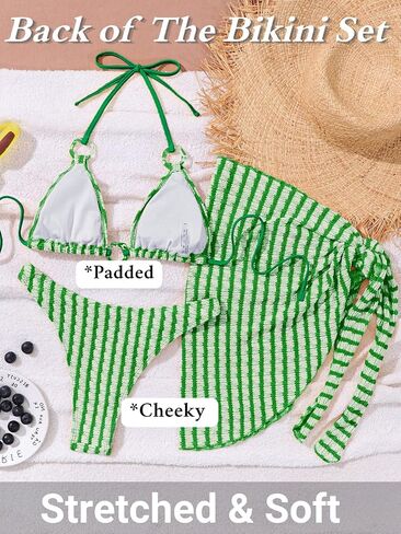 EHSUYAB Sexy Women Striped 3 Piece Swimsuit,Textured Halter High Cut Triangle Bikini Cover Up Skirt,Bathing Suit Beach Outfit in Kuwait
