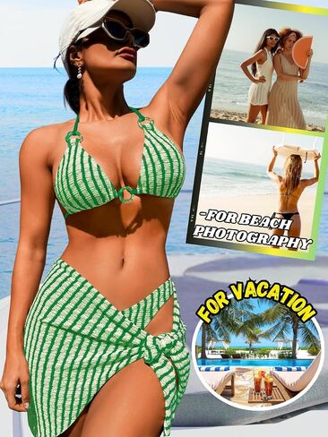 EHSUYAB Sexy Women Striped 3 Piece Swimsuit,Textured Halter High Cut Triangle Bikini Cover Up Skirt,Bathing Suit Beach Outfit in Kuwait