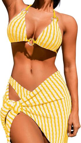 EHSUYAB Sexy Women Striped 3 Piece Swimsuit,Textured Halter High Cut Triangle Bikini Cover Up Skirt,Bathing Suit Beach Outfit in Kuwait