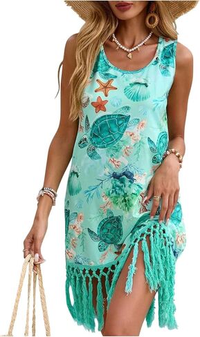 SHENHE Women's Swimsuit Coverups Fringe Dress Sleeveless Beach Sundress Bathing Suit Cover Up in Kuwait