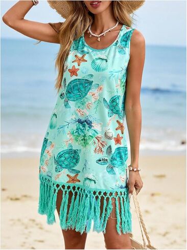 SHENHE Women's Swimsuit Coverups Fringe Dress Sleeveless Beach Sundress Bathing Suit Cover Up in Kuwait