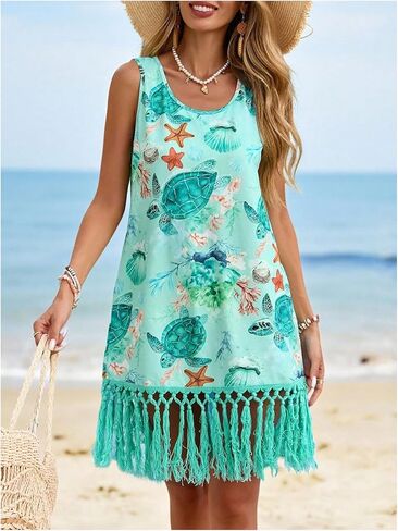 SHENHE Women's Swimsuit Coverups Fringe Dress Sleeveless Beach Sundress Bathing Suit Cover Up in Kuwait