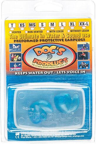 Small – Non-Vented Doc’s Proplugs – Blue – Non-LEASHED – Reusable Earplugs for Swimming, Bathing, Light Industrial Use | Blocks Water, Noise, & Irritation | Made in USA in Kuwait