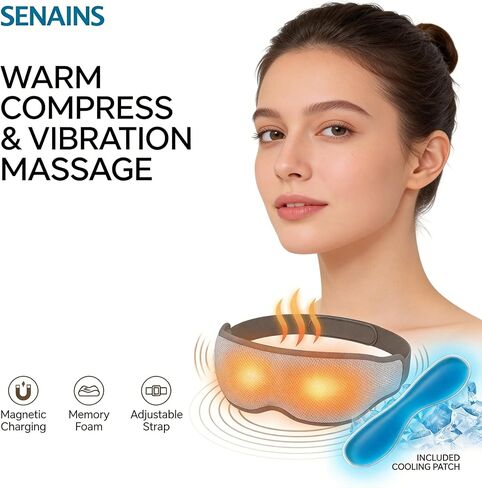 قناع العين المسخن اللاسلكي من SENAINS مع الاهتزاز - ضغط دافئ محيطي ثلاثي الأبعاد للعيون الجافة والصداع النصفي وتخفيف الدمل - قناع نوم كهربائي مع عبوة جل باردة، شحن مغناطيسي، إيقاف تلقائي (رمادي) in Kuwait