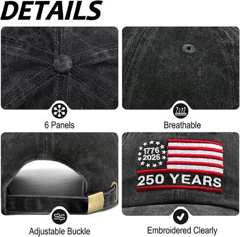 250th Anniversary USA Patriotic Hat, Adjustable Embroidered American Flag Baseball Cap for Men Women, Black in Saudi Arabia
