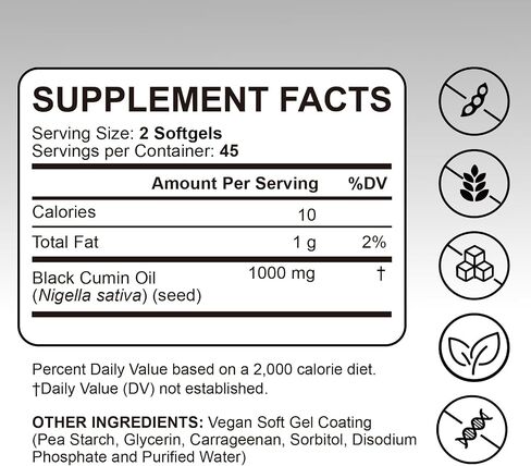 Purely Nutrient Ethiopian Black Seed Oil Capsules, Organic Cold Pressed Black Cumin Seed Oil with 4.64% Thymoquinone, Immune & Digestive Support, Non-GMO, Gluten-Free, 90 Count in Kuwait