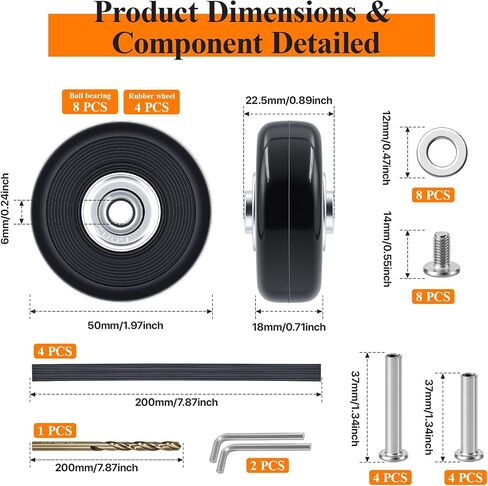 4 Sets Luggage Wheels Replacement Kit - Compatible with Samsonite and Other Inline Skate & Swivel Caster Wheel Suitcase 50mm, Silent Inline wheels Repair Parts with Bearings & Wrench in Saudi Arabia