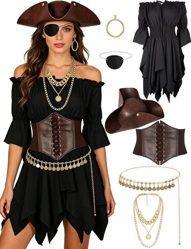 Drofe Pirate Costume Women Complete Outfit with Dress,Tricorn Hat, Waist Belt,Necklace,White Pirate Accessories Set in Saudi Arabia