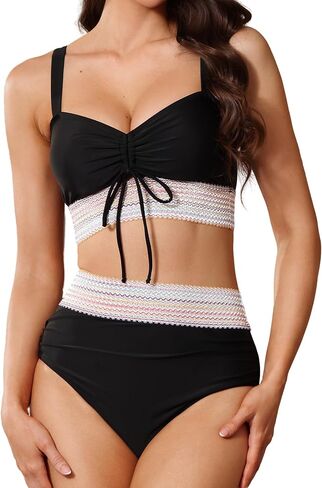 Pleneal Womens High Waisted Bikini Sets Two Piece Drawstring Swimsuits Color Block Tummy Control Bathing Suit in Saudi Arabia