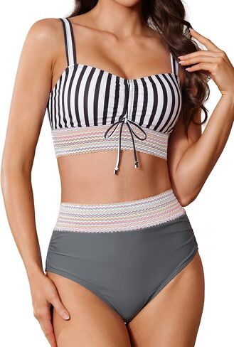 Pleneal Womens High Waisted Bikini Sets Two Piece Drawstring Swimsuits Color Block Tummy Control Bathing Suit in Saudi Arabia