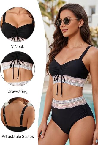 Pleneal Womens High Waisted Bikini Sets Two Piece Drawstring Swimsuits Color Block Tummy Control Bathing Suit in Saudi Arabia