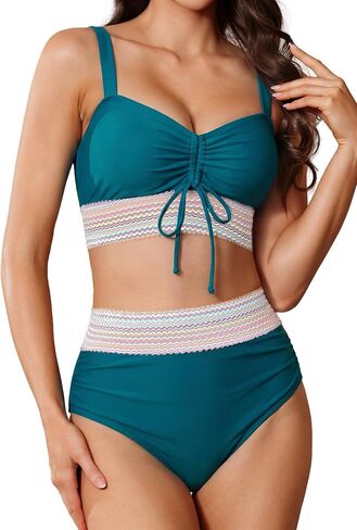 Pleneal Womens High Waisted Bikini Sets Two Piece Drawstring Swimsuits Color Block Tummy Control Bathing Suit in Saudi Arabia