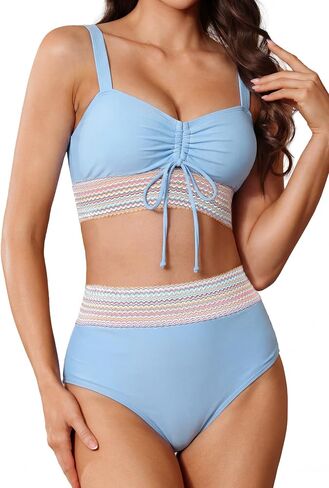Pleneal Womens High Waisted Bikini Sets Two Piece Drawstring Swimsuits Color Block Tummy Control Bathing Suit in Saudi Arabia