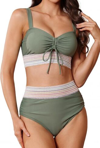 Pleneal Womens High Waisted Bikini Sets Two Piece Drawstring Swimsuits Color Block Tummy Control Bathing Suit in Saudi Arabia