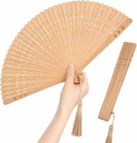 jojofuny Bamboo Hand Fan Foldable, 12.5 Inch Vintage Chinese Folding Style with Tassel, Portable Wooden Handheld Accessory, Summer Wedding Party Dance Church Decor, Brown in Kuwait