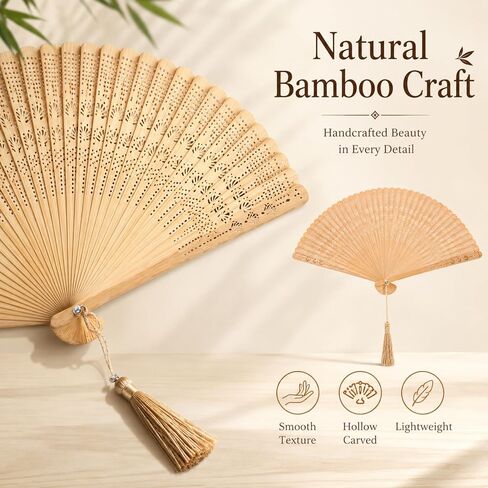 jojofuny Bamboo Hand Fan Foldable, 12.5 Inch Vintage Chinese Folding Style with Tassel, Portable Wooden Handheld Accessory, Summer Wedding Party Dance Church Decor, Brown in Kuwait