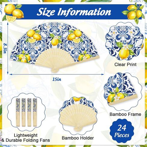 jarthenaamcs 49pcs كابري الليمون للطي مروحة اليد مجموعة هدية للضيوف السائبة 24 مراوح الورق المحمولة البحر الأبيض المتوسط ​​مع أكياس الأورجانزا الخشب الجدول علامة للضيوف الصيف زفاف العروس دش حزب تفضل in Kuwait
