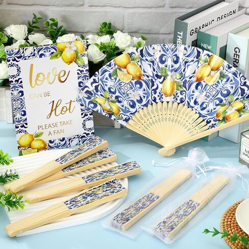 jarthenaamcs 49pcs كابري الليمون للطي مروحة اليد مجموعة هدية للضيوف السائبة 24 مراوح الورق المحمولة البحر الأبيض المتوسط ​​مع أكياس الأورجانزا الخشب الجدول علامة للضيوف الصيف زفاف العروس دش حزب تفضل in Kuwait