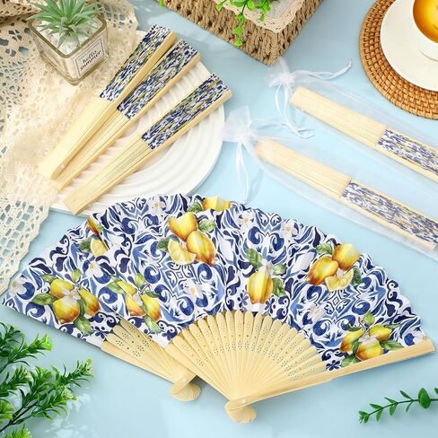 jarthenaamcs 49pcs كابري الليمون للطي مروحة اليد مجموعة هدية للضيوف السائبة 24 مراوح الورق المحمولة البحر الأبيض المتوسط ​​مع أكياس الأورجانزا الخشب الجدول علامة للضيوف الصيف زفاف العروس دش حزب تفضل in Kuwait