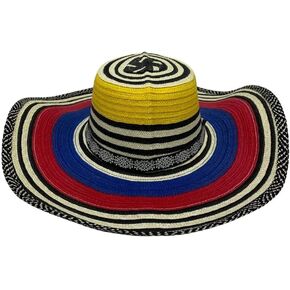Sombrero Vueltiao كولومبي للجنسين - Sombrero de Paja Tejida Poliéster Ala Ancha Protección Solar. (Tejido Tricolor) مستورد من كولومبيا. متعدد in Kuwait