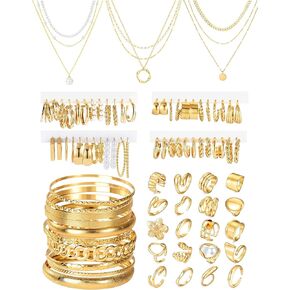 83 Pcs Gold Jewelry Set for Women Fashion Multi Layered Necklaces Stackable Bangle Bracelets Knuckle Rings Hoop Earrings Gold Plated Jewelry Accessories in Saudi Arabia