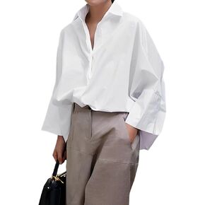 UOOZEE Womens Button Down Oversized Shirt Casual Long Sleeve Loose Fit Collared Work Blouse Tops, White L in Kuwait