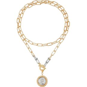 QCWN Chunky Gold Coin Necklace for Women 18K Plated Antique Medallion Pendant 18 Inch Toggle Clasp Thick Chain Layered Vintage Fashion Jewelry Gift in Saudi Arabia