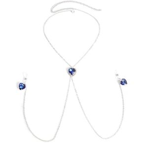 Sexy Bra Nipple Chain Blue Rhinestone Heart Pendant Choker Necklace for Women Non Piercing Adjustable Noose Fake Nipple Ring Statement Nightclub Bikini Festival Rave Party Lingerie Chest Body Jewelry in Kuwait