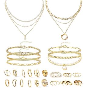 30 Pcs Gold Jewelry Set for Women with 6 Necklaces, 6 Bracelets, 6 Earrings, 12 Knuckle Rings Gold Plated Accessories for Women Gift in Saudi Arabia
