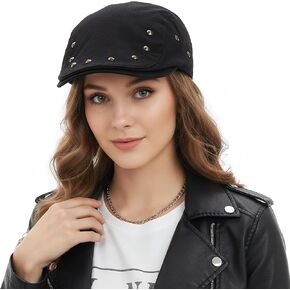 PURFUN Punk Studded Newsboy Caps Men Women Vintage Rivets Flat Driving Cabbie Driver Hat Soft Denim Ivy Cap Baker Newsie Hat in Saudi Arabia